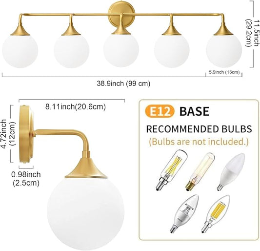 Brushed Gold Bathroom Light Fixtures Over Mirror Vanity 5-Light | Mid Century Modern Brushed Gold Wall Sconce with Milky White Glass Ball Shades for for Bathroom Dressing Table Bedroom