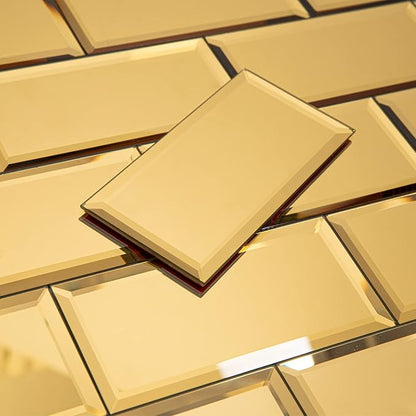 Peel and Stick 3x6 Inch Beveled Gold Mirror Tile Subway Mirror Glass Backsplash for Kitchen Bathroom Wall (40 Pcs, 5 SQ.FT.)