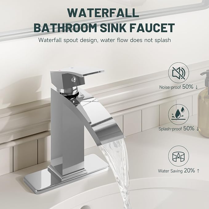 Chrome Waterfall Bathroom Faucet for 1 or 3 Holes, Brass | Single Handle Bathroom Sink Faucets for Lavatory Commercial Vanity, Basin Taps with Deck Plate, Pop Up Drain and Supply Line