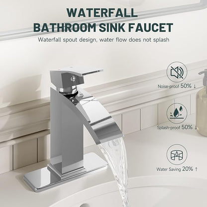 Chrome Waterfall Bathroom Faucet for 1 or 3 Holes, Brass | Single Handle Bathroom Sink Faucets for Lavatory Commercial Vanity, Basin Taps with Deck Plate, Pop Up Drain and Supply Line