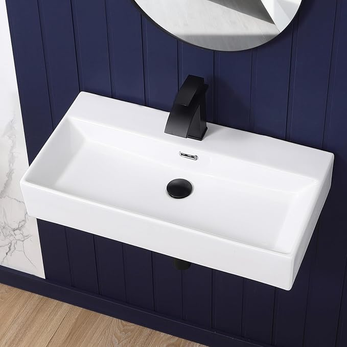 Wall Mount Bathroom Sink 28"x14" Small Vessel Sink Wall Mounted Rectangular Wall Hung Mini White Porcelain Ceramic Floating Tiny Sink with Overflow, Durable, Space-Saving, Ideal for Home,RV