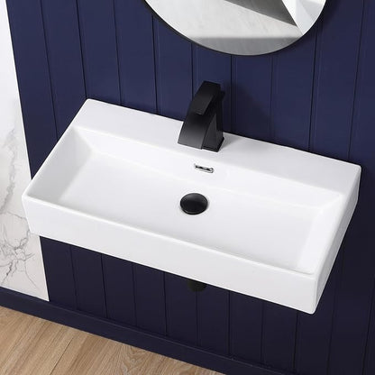 Wall Mount Bathroom Sink 28"x14" Small Vessel Sink Wall Mounted Rectangular Wall Hung Mini White Porcelain Ceramic Floating Tiny Sink with Overflow, Durable, Space-Saving, Ideal for Home,RV