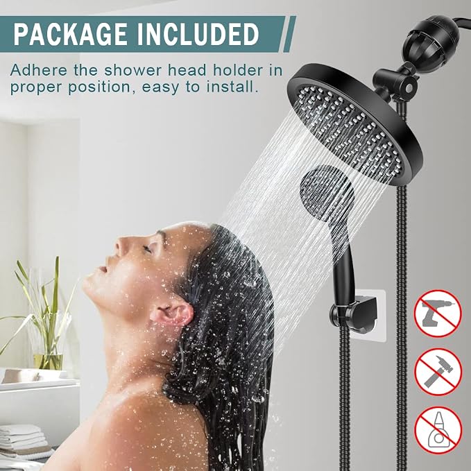 Filtered Shower Head with Handheld, High Pressure Rainfall Shower Head | Filter for Hard Water, Removes Chlorine & Impurities, 60'' Hose, Adjustable Holder, Chrome Finish (Black)