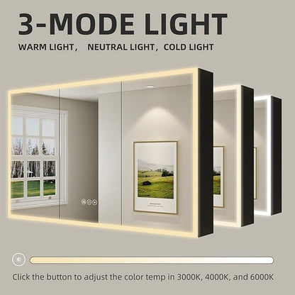 Buruis 60 x 32 Inch Medicine Cabinet with LED Lights and Mirror, Recessed/Wall Mounted Bathroom Cabinet, 3-Color Light, Defogger, Memory Function, Outlet & USB, Dimmer, Black