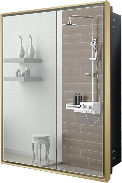 24”x30” Medicine Cabinet with Aluminum Frame,Surface or Recessed Medicine Cabinet Mirror for Bathroom,Bathroom Mirror with Storage,Gold