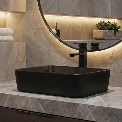 36" Natural Color Bathroom Vanity, Rustic Fixture Standing Pedestal Cabinet with Square Black Ceramic Sink