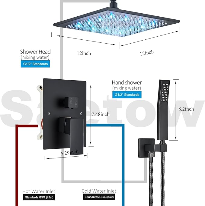 12 Inches Ceiling Mount Shower Faucets Sets Complete Shower System LED Rainfall Shower Head System Rough-in Valve Body and Trim Included Matte Black…
