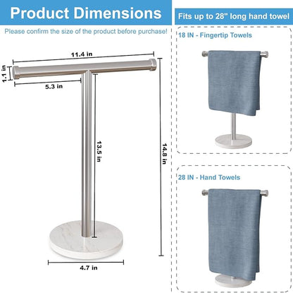 Hand Towel Holder for Bathroom, Freestanding Towel Stand, Brushed Nickel | T-shape Stainless Steel Towel Rack with Heavy Marble Base for Hand Towels on Bathroom Vanities, Guest Baths or Counters