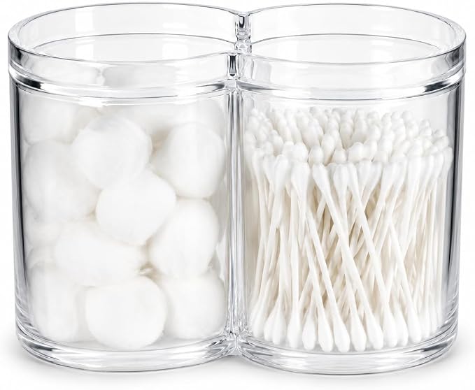 ForPro Clear Acrylic 2-Compartment Apothecary Jar with Lid, Shatterproof Qtip Holder & Cotton Ball Organizer, 28 Oz + 20 Oz Bathroom Vanity Canister for Kitchen, Office Decor, 6.25" x 3.7" x 4.6