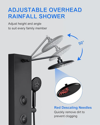 Rainfall Shower Panel Tower - 5 in 1 Full Body Shower, Matte Black | Stainless Steel Shower Column with 2 Powerful Body Jets, Handheld and Tub Spout, Brass Valves, Adjustable Shower Head