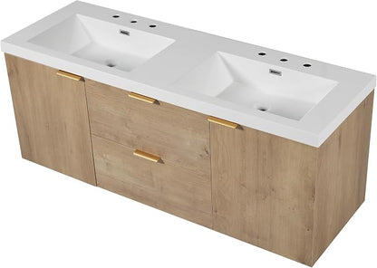 SOFTSEA 60" Double Sink Bathroom Vanity, Floating Bathroom Cabinet with 2 Storage Drawers & Soft Close Doors, Modern Wall Mounted Double Vanity with SMC Sink, Golden Handle, Wood
