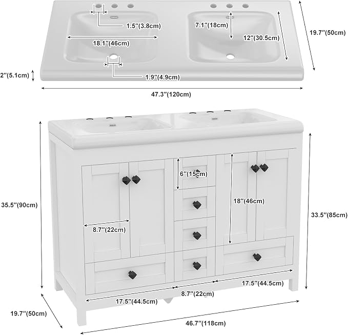 48" Bathroom Vanity with Double Sink, 47.3" W x 19.7" D x 35.4" H Modern Double Bathroom Vanity Cabinet with 2 Doors & 6 Drawers, Solid Wood Frame White Vanity Set with Ceramic Sinks