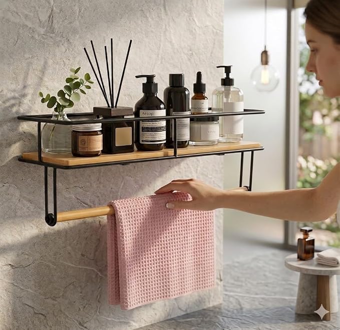 Hand Towel Holder with Wooden Shelf – Wall Mount Metal Towel Rack for Bathroom