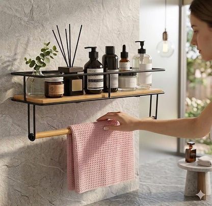 Hand Towel Holder with Wooden Shelf – Wall Mount Metal Towel Rack for Bathroom