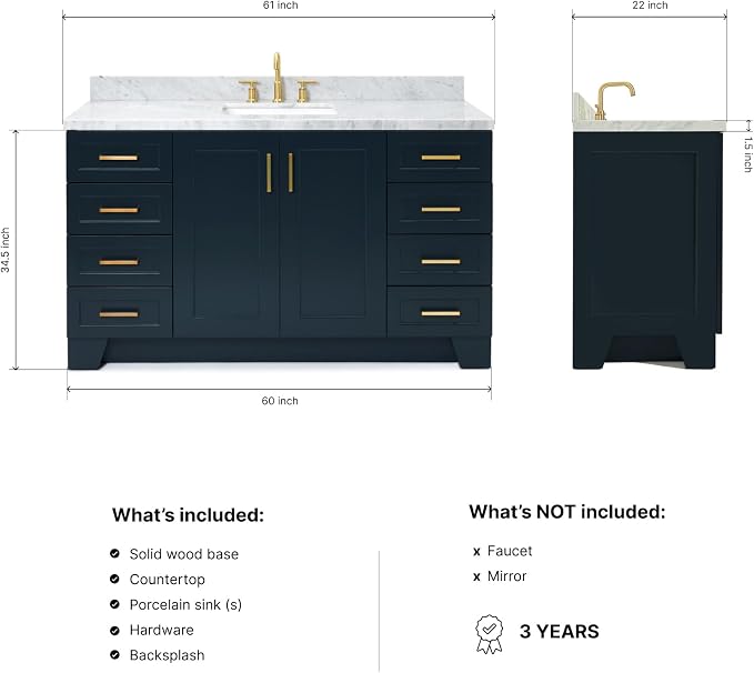 Emilia 60 Inch Bathroom Vanity Single Sink — Midnight Blue Bathroom Vanity with Sink, 1.5" Edge Italian Carrara Marble Countertop, Solid Wood, 2 Soft-Close Doors, 9 Dovetail Drawers