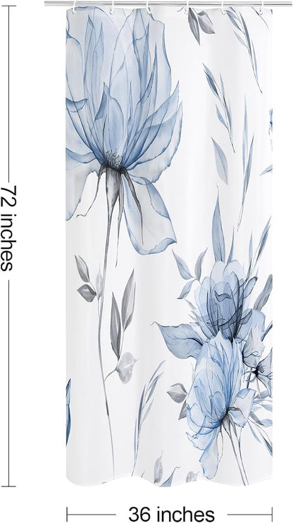 Blue Boho Floral Shower Curtain, Watercolor Botanical Design, 36 x 72 | Boho Floral Design, Watercolor Ink Painting Style, Botanical Flowers & Leaves, Elegant Bathroom Accent, Fabric Cloth Curtain