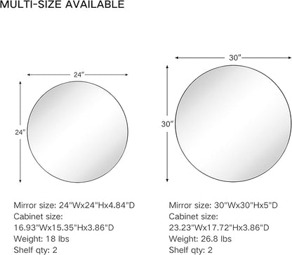 Surface Mount Polished Nickel Round CircleBathroom Medicine Cabinet with Mirror Circlular Shaped Stainless Steel Metal Framed Medicine Cabinets Bathroom Cabinet with Mirror 24'' Diameter