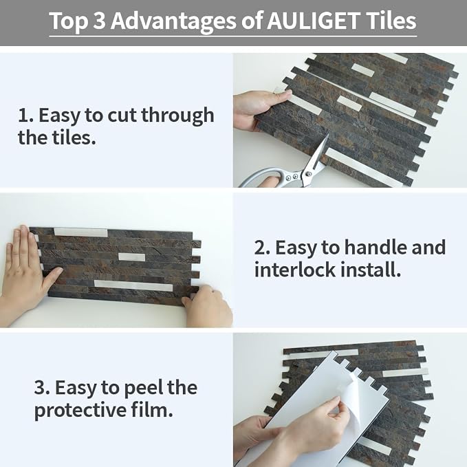 AULIGET 20 Sheets Rust Slate Peel and Stick Backsplash, PVC Mixed Metal Silver Wall Tile Stick on Backsplash for Kitchen and Bathroom