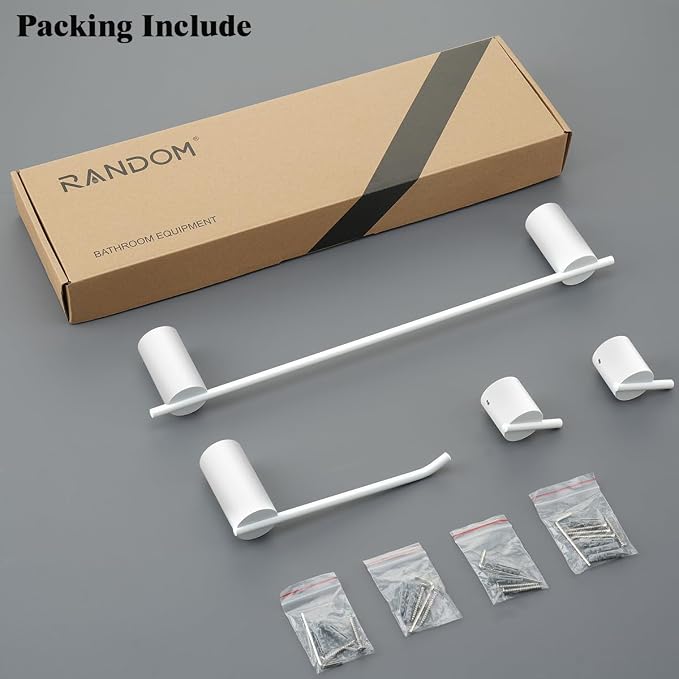 RANDOM Matte White Bathroom Hardware Set 4 Pieces Stainless Steel White Towel Bar Set Includ 18 inch Hand Towel Holder Toilet Paper Holder and 2 Towel Hooks Wall Mounted Bathroom Accessories Kit