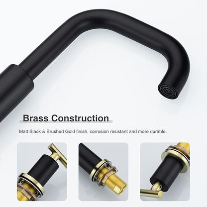 TRUSTMI Brass Bathroom Faucet 2 Handle 8 Inch Widespread Vanity Sink Mixer Faucet with Overflow Pop Up Drain Assembly, Matte Black and Brushed Gold