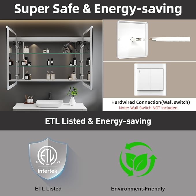 Medicine Cabinet with LED Lights and Mirror, 48 x 32 Inch Surface or Recessed Mounted Bathroom Cabinets with Door, Defogger, Memory Function, 3-Color Mode, Outlet&USB, Dimmer, Storage