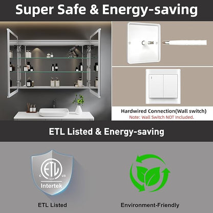 Medicine Cabinet with LED Lights and Mirror, 48 x 32 Inch Surface or Recessed Mounted Bathroom Cabinets with Door, Defogger, Memory Function, 3-Color Mode, Outlet&USB, Dimmer, Storage