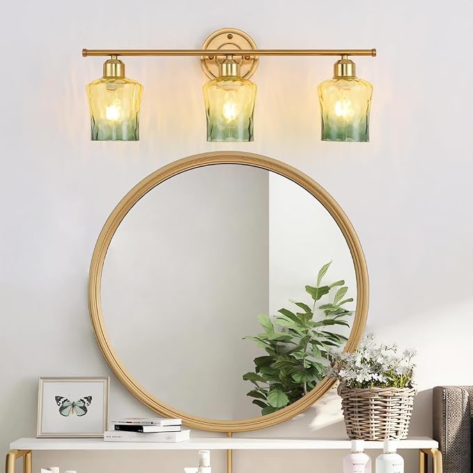 Modern 3-Light Glass Bathroom Light Over Mirror, Gold Vanity Light with Yellow Green Gradient Glass Shade, E26 Bathroom Vanity Light, for Kitchen, Hallway, Cabinet, Bedroom, Living Room