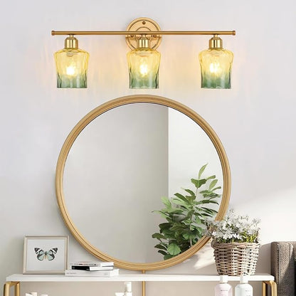 Modern 3-Light Glass Bathroom Light Over Mirror, Gold Vanity Light with Yellow Green Gradient Glass Shade, E26 Bathroom Vanity Light, for Kitchen, Hallway, Cabinet, Bedroom, Living Room