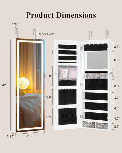 LVSOMT 42.5" Wall Mounted Jewelry Organizer with LED Mirror, White | Lockable Jewelry Cabinet for 30 Ring Slots, 96 Earring and 20 Necklace Hooks, Gift for Women, Girls