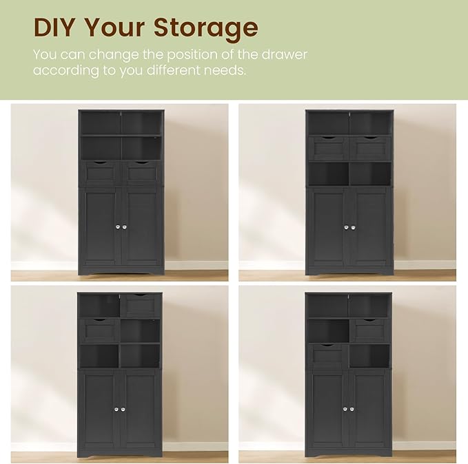 Iwell Tall Storage Cabinet, Black Storage Cabinet with 2 Drawers & Adjustable Shelves, Bathroom Cabinet for Living Room, Dining Room, Entryway, Black