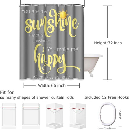 Shower Curtain for Bathroom Decor, 66 x 72 Inch, Sunshine Yellow | Quote Inspirational Gray Waterproof Polyester Fabric Shower Curtains Set with Hooks
