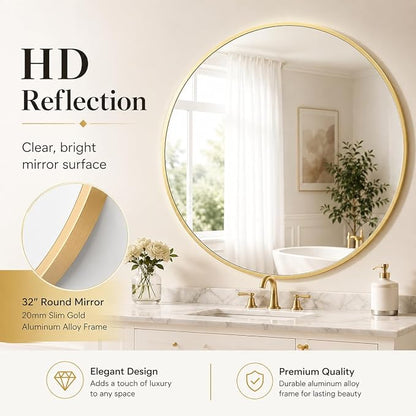 Garvee 32 Inch Round Wall Mirror Gold Metal Frame Crystal Clear Glass Decor