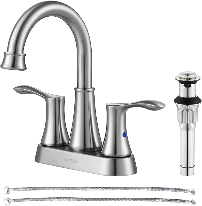 PARLOS Swivel Spout 2-Handle Brushed Nickel Bathroom Sink Faucet with Metal Pop-up Drain and Faucet Supply Lines, Demeter 13627