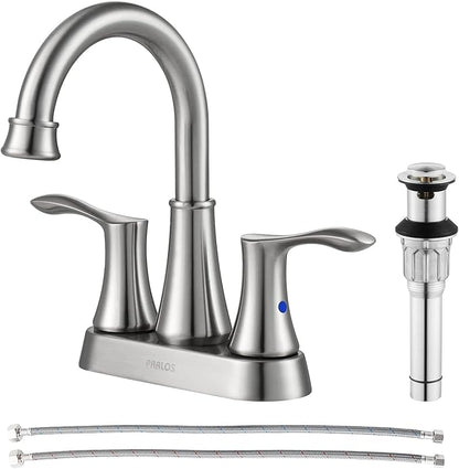 PARLOS Swivel Spout 2-Handle Brushed Nickel Bathroom Sink Faucet with Metal Pop-up Drain and Faucet Supply Lines, Demeter 13627