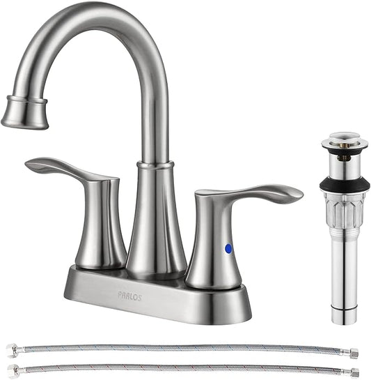 PARLOS Swivel Spout 2-Handle Brushed Nickel Bathroom Sink Faucet with Metal Pop-up Drain and Faucet Supply Lines, Demeter 13627