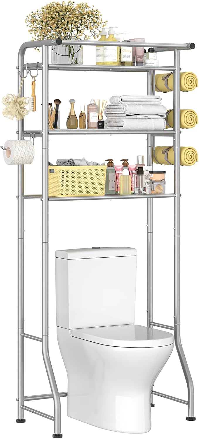 Simple Trending 3 Tier Over The Toilet Rack, Shelf Bathroom, Bathroom Stand Organizer Space Saver, Silver