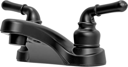 Dura Faucet DF-PL700C-MB RV Two Handle Bathroom Sink Faucet (Matte Black) | Two-hole drop-in design for standard camper sinks; drip-resistant cartridge control.