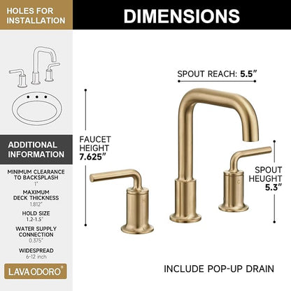Champagne Gold Bathroom Faucet, Solid Brass Bathroom Faucet | 8 inch Widespread Bathroom Faucet 3 Hole with Drain Assembly Supply Line, Lead-Free Bronze Gold Vanity Faucet BF503-CB