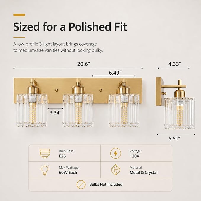 3 Lights Brushed Gold Crystal Bathroom Vanity Light,Modern Bathroom Wall Light,Crystal Over Mirror Light Fixtures for Living Room, Bedroom, Hallway