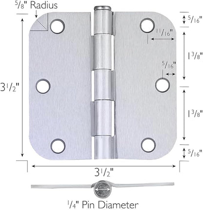 Design House Door Hinges for Interior Doors 12-Pack 3.5-inch x 3.5-inch – Rounded 5/8-inch Radius Steel Door Hinge – Brushed Chrome – Fits Standard Doors – Design House 184481