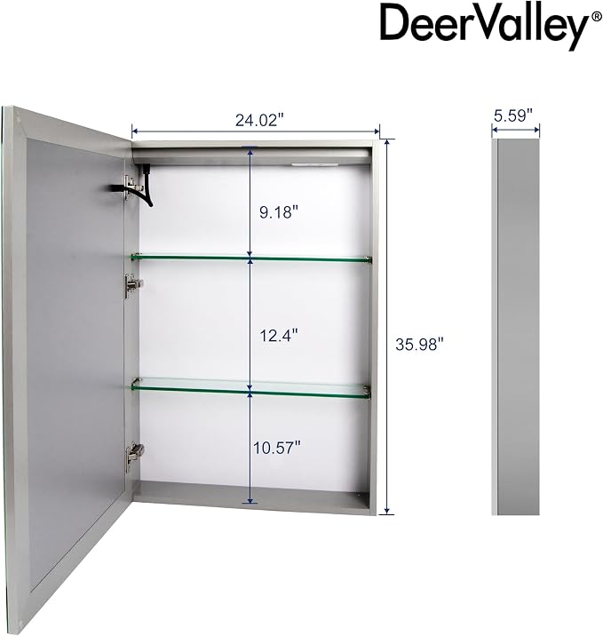DeerValley 24" W x 36" H Led Lighted Medicine Cabinet with Mirror | Bathroom Medicine Cabinet with Defogger & 3-Color, Wall Mounted Mirrored Medicine Cabinets with Lights, DV-1VM0187