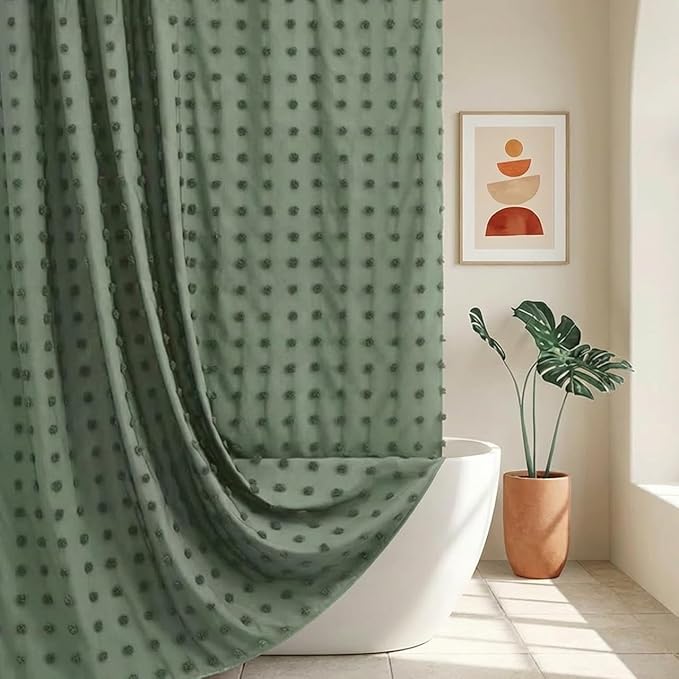 Green Boho Shower Curtain Woven Fabric Cute Shower Curtain, 72 x 72 Tufted Pleat Floral Puffs Textured Modern Farmhouse Minimalist Shower Curtain Set with Hooks for Bathroom
