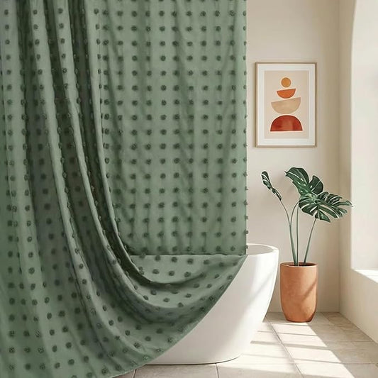 Green Boho Shower Curtain Woven Fabric Cute Shower Curtain, 72 x 72 Tufted Pleat Floral Puffs Textured Modern Farmhouse Minimalist Shower Curtain Set with Hooks for Bathroom