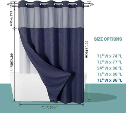 eachope No Hook Long Waffle Shower Curtain, Snap-in Liner, 71x86 in, Navy | 230 GSM waffle weave fabric, waterproof liner set with 2 bottom magnets, mesh top window, washable, for bathroom or hotel use