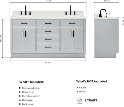 ARIEL Hepburn 66-inch Bathroom Vanity with Sink,Solid Wood, 1.5-inch Pure White Quartz Countertop & Backsplash, Double Rectangular Porcelain Sink, 4 Soft Closing Doors, 6 Dovetail Drawers, Grey