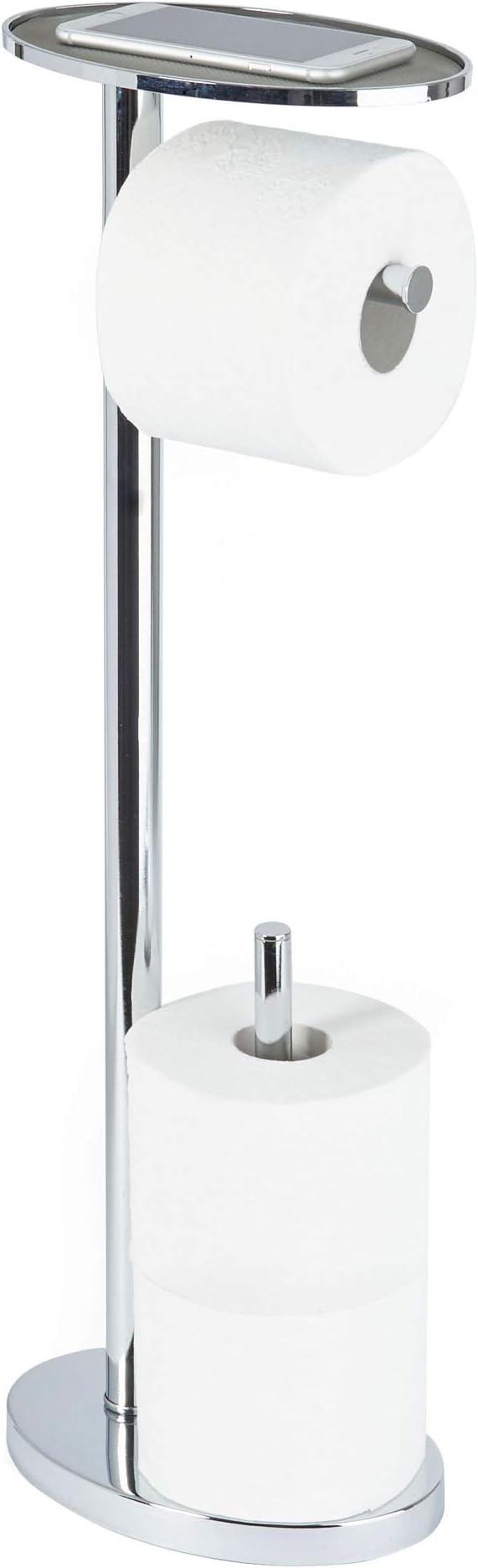 Better Living Ovo Toilet Caddy with Top Shelf, Bathroom Toilet Paper Storage Holder Stand with Dispenser and Reserve for 2 Extra Jumbo Rolls, Metal Freestanding Toilet Paper Roll Holder, Chrome