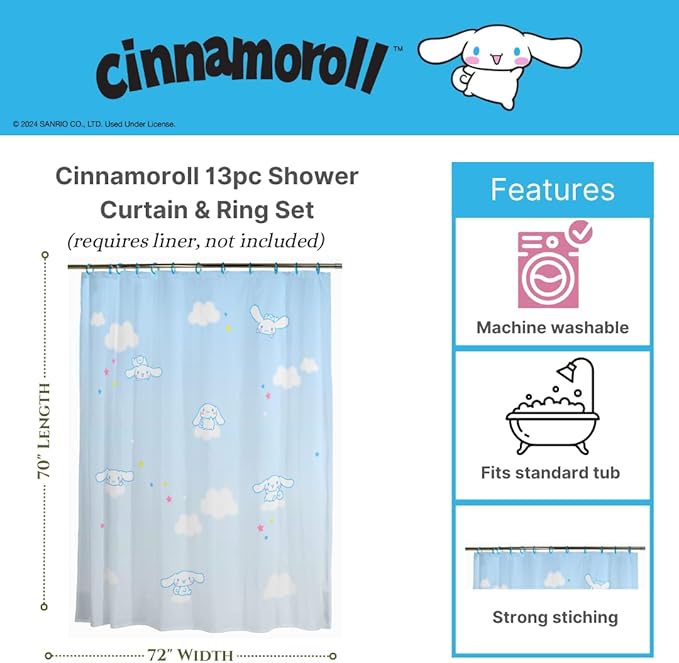 Cinnamoroll 13-Piece Shower Curtain Set, 72 x 72 Inch Fabric Curtain with Hooks, Bathroom Decor, Machine Washable, (100% Officially Licensed Product) by Franco Collectibles