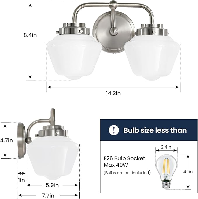 Bathroom Vanity Light Fixtures: 2-Lights Vanity Lighting Fixtures with Frosted Milky Glass Shades, Hardwired 11 in Brushed Nickel Vanity Lights Over Mirror (Exclude E26 Bulb)