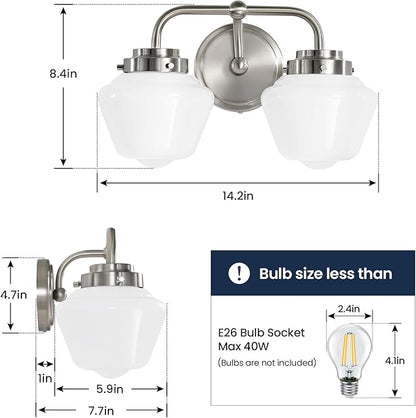 Bathroom Vanity Light Fixtures: 2-Lights Vanity Lighting Fixtures with Frosted Milky Glass Shades, Hardwired 11 in Brushed Nickel Vanity Lights Over Mirror (Exclude E26 Bulb)