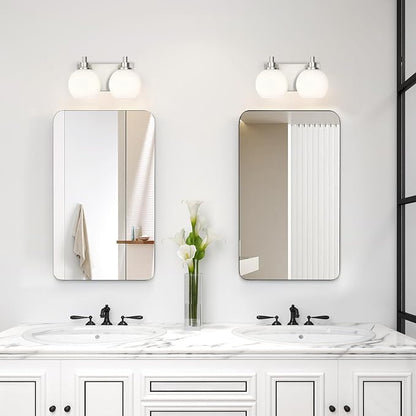 IZORRO Bathroom Light Fixtures, 2-Light Brushed Nickel Vanity Light, Modern Wall Sconces with Globe Milk White Glass Shade, Vanity Lighting Fixtures Over Mirror,E26 Bulb Socket